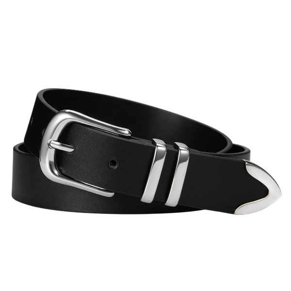 Women’s Faux Leather Belt with Silver Buckle Black - Image 2